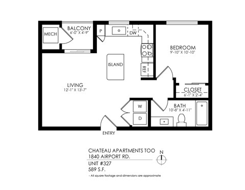 A black and white image of a floor plan for a one bedroom apartment.